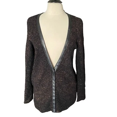 Cárdigan Bisagra Mujer Lana Alpaca Negro Imitación Cuero Borde Longline Talla Pequeña Foto 1 de 4