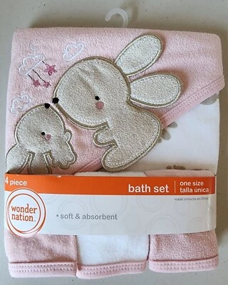 NWT Wonder Nation Infant 4 Piece Bath Set Hooded Towel & Washcloths Pink Bunny - Image 1 of 4