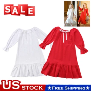 Girl Cotton Nightdress Ruffle Pajamas Long Sleeve Sleepwear Nightgown Home Dress - Picture 1 of 17