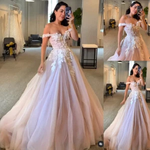 Princess Blush Pink Wedding Dresses Off the Shoulder Lace Tulle Boho Bridal Gown - Picture 1 of 10