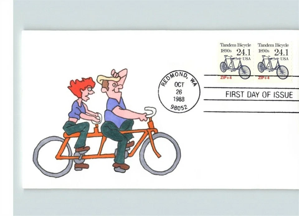 TANDEM BICYCLE, Hand Painted 1988 Transporation coil FDC, # 1 of 1 - Image 1 of 1