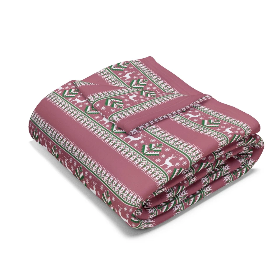 Pink Fair Isle Nordic Pattern, Cozy Arctic Fleece Blanket, Couch Throw Blanket - Image 1 of 1