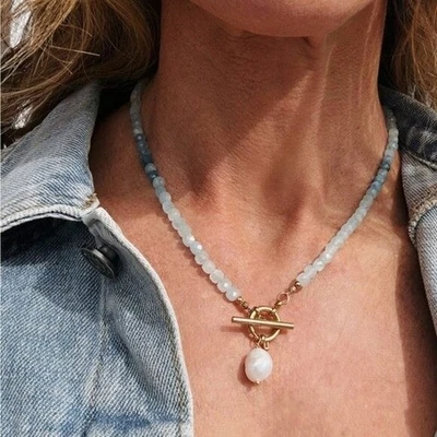 March Birthstone Necklace Aquamarine Beaded Jewelry Waterproof Pearl Pendant - Image 1 of 4