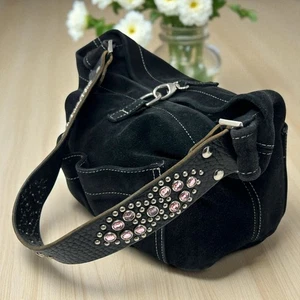 Vintage Tylie Malibu Black Suede Hobo Shoulder Bag Rhinestone Strap Y2K Classic - Picture 1 of 20