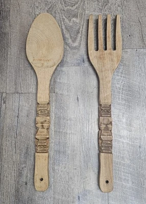 Vintage Hand Carved Tiki Fork and Spoon Wooden Hanging Kitchen Decor 21" - Image 1 of 4
