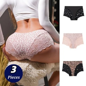 3 Pack Sexy Leopard Print Lace Underwear Panties Women Seamless High Rise Briefs - Picture 1 of 20