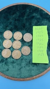Lot of 8 Lincoln Wheat Pennies 1920 to 1929 Vintage Pre-1930s Set - No Duplicate - Bild 1 von 5