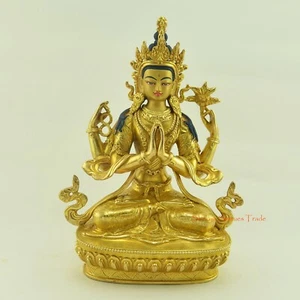 Oro Dorado Tallado a Mano 9" Chenrezig/Avalokiteshvara Cobre Estatua Patan Nepal - Imagen 1 de 4