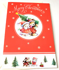 Christmas Card Cute Bears Bringing Home the Tree Snowflakes Gifts