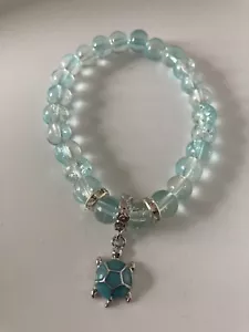Aquamarine Blue Glass Bead Turtle Sparkle Bracelet - Picture 1 of 5