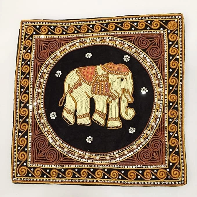 Pillow case Cover Thai Burmese Embroidered Elephant Vintage Bead Sequin (Black) - Image 1 of 2