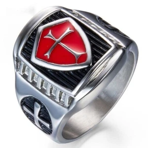 Mens Shield Cross Knights Templar Ring Silver Stainless Steel Enamel Red R23 - Picture 1 of 9