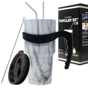 30 oz Stainless Steel Tumbler w/ Lid Handle & Straws Insulated Travel Coffee Mug - Picture 1 of 3