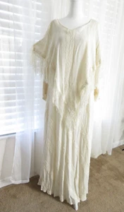 Long Sleeve Hippie Poncho Dress Ivory Fringed Kaftan Sheath Layered Cotton L/XL - Picture 1 of 16