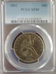 1861 50C Guerra Civile Libertà Seduto Mezzo Dollaro PCGS XF40 Bella Tonificazione - Foto 1 di 3