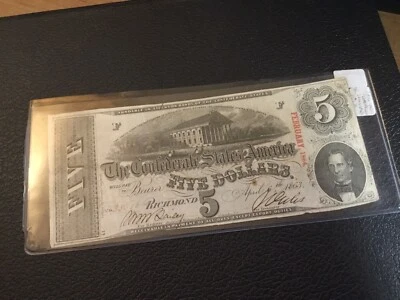 1863 $5 Dollar T60 Banknote Confederate States of America Currency 022022 24tre - Image 1 of 4