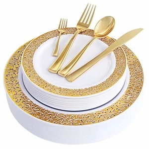 Gold Plastic Plates with Disposable Plastic Silverware, Lace Design 150 PCS - Picture 1 of 5