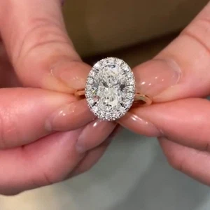 2.20TCW Oval Moissanite Halo Proposal Engagement Ring In Solid 14K Two Tone Gold - Picture 1 of 15