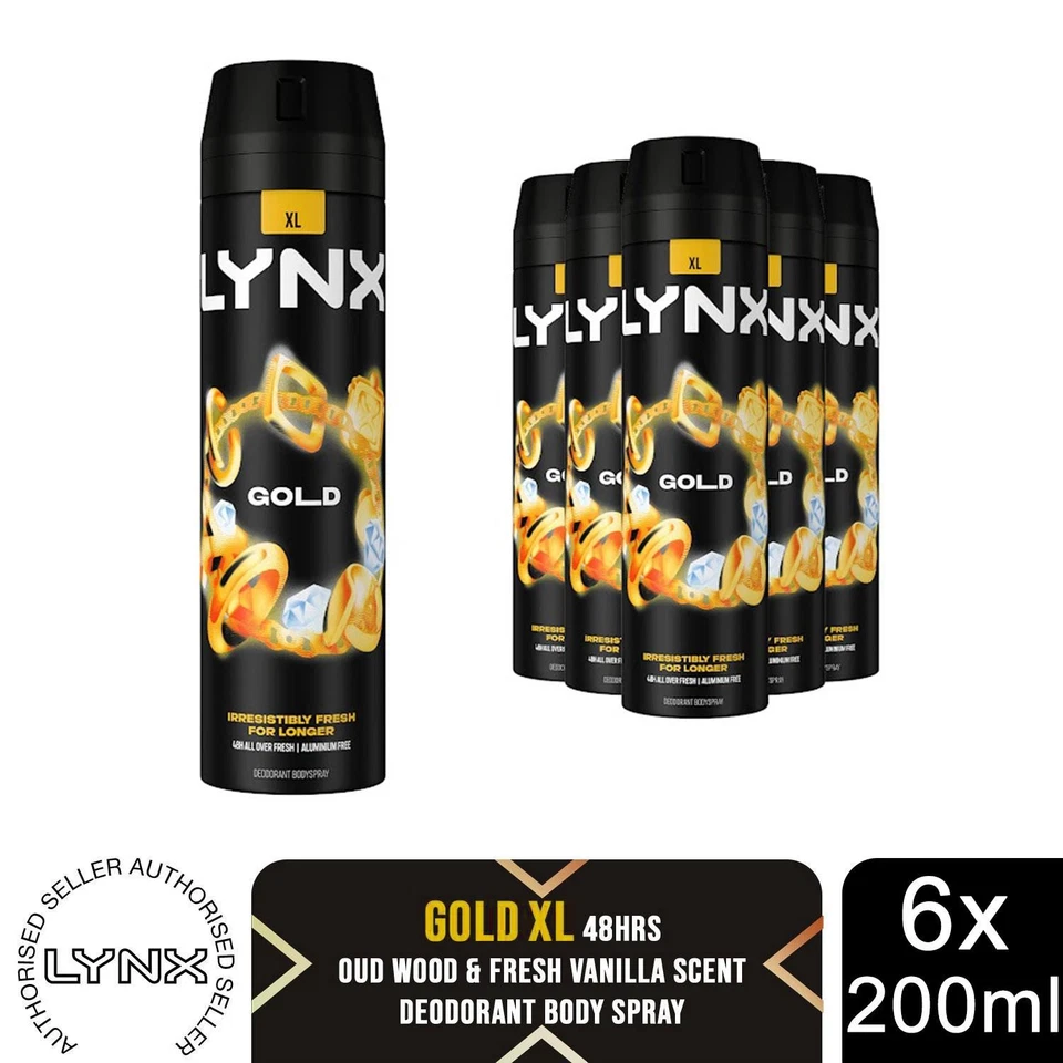 Lynx XL 48-H Alta Definición Fragancia Oro Spray Corporal Desodorante Paquete de 6, 200 ml