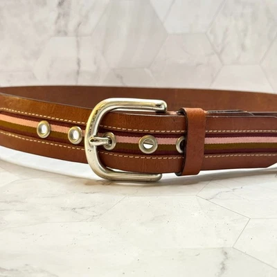 Fossil Brown Leather Sz Medium Womens Belt Silver Tone Buckle Pink Olive Stripe - Image 1 of 4