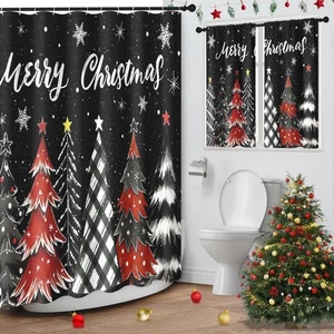 Christmas Trees Snowflakes Shower Curtain with Matching Window Curtains Set, ... - Picture 1 of 7