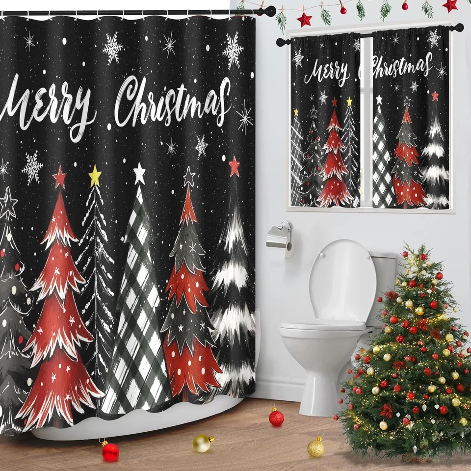 Christmas Trees Snowflakes Shower Curtain with Matching Window Curtains Set, ... - Image 1 of 4