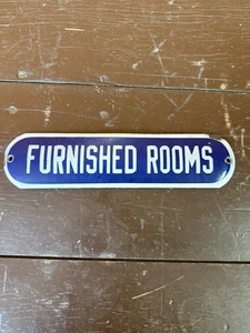 ANTIQUE Furnished Rooms Porcelain Sign 1920'S VTG Trade Hotel Airbnb Bar Tavern - Picture 1 of 6