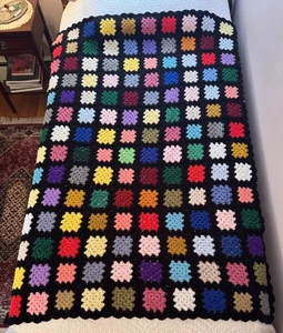 HANDCRAFTED CROCHET Afghan Throw Blanket Granny Square Blk Multicolored Blocks B - Picture 1 of 9