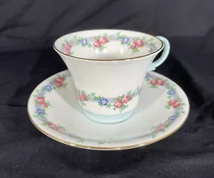Aynsley Bone China Baby Blue Handle Gold Trim Pink Rose Teacup Saucer England - Picture 1 of 8