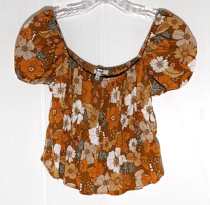 Miss Selfie Top Schulterfrei Orange & Hellbraun Blumen Viskose Größe Large - Bild 1 von 4