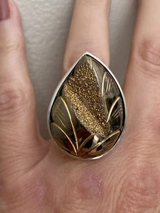Amy Kahn Russell Genuine Golden Drusy Leaf Cut Out Design 925 Silver Ring Size 7 - Picture 1 of 6