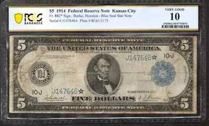 1914 $5 FEDERAL RESERVE STAR NOTE FR.882* KANSAS CITY PCGS VG 10 VERY GOOD (646* - Picture 1 of 2