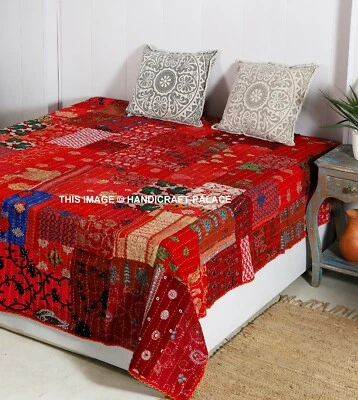 Manta de edredón indio hecha a mano con retazos de seda King Kantha Gudari vintage Foto 1 de 3