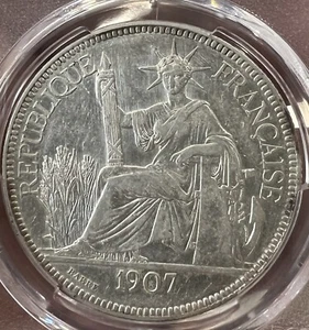 1907-A French Indo-China 1 Silver Piastre PCGS AU detials - Picture 1 of 4