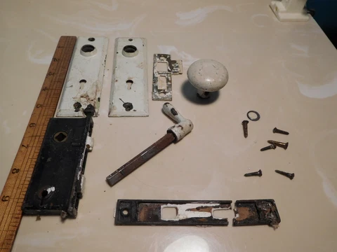 Vintage Antique door or gate lock pieces, metal door knob & latch Cover