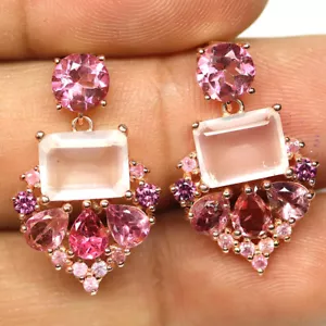 925 Plata de Ley Rosa Cuarzo Rosa, Topacio Rosa, Rodolita & Circonita Pendientes - Imagen 1 de 4