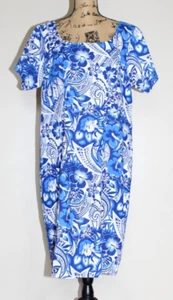 Hawaiian Barkcloth Knee Length Blue White Floral Sheath Dress Women's XL/XXL - Picture 1 of 7