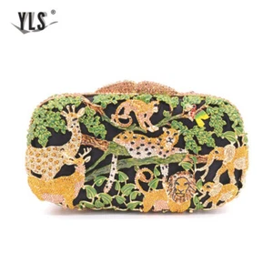 Gold Multi-Color Handmade Crystal Zoo Forest Jungle animals Evening clutch bag - Picture 1 of 7