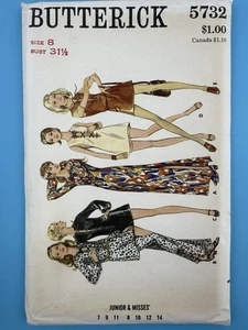 VTG 1970s Butterick 5732 Sewing Pattern Mod GoGo Dress Pants Shorts Size 8 - Picture 1 of 5