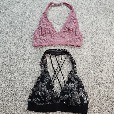 PINK Victorias Secret Bundle Black Silver Floral Pink Lace Halter Bralette Small - Image 1 of 4