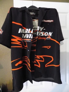 Harley Davidson Racing Button Up Shirt Men's Black Orange Moto Biker LARGE! - Picture 1 of 3