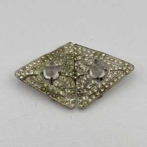 Antique Victorian Belt Buckle 2 Piece Interlocking Silver Tone Rhinestones - Picture 1 of 6