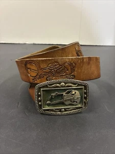Vtg Guitar Belt Buckle Bluegrass Leather Belt - CLL New York Brand 42”-45” Green - Picture 1 of 8