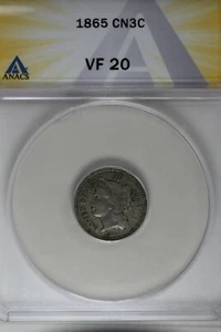 1865 .03 ANACS VF 20 Three Cent Nickel, Liberty Three Cent Piece - Picture 1 of 2
