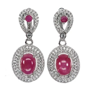 925 Sterling Silver Earrings Oval Ruby 8x6mm White Topaz Gemstone Jewelry Gift - Picture 1 of 10