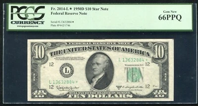 FR. 2014-L* 1950-D $10 *STAR* FRN SAN FRANCISCO, CA PCGS GEM UNCIRCULATED-66PPQ - Image 1 of 2