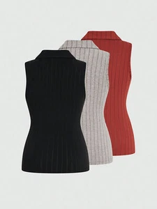 3pcs Half Button Ribbed Knit Tank Top - Picture 1 of 8