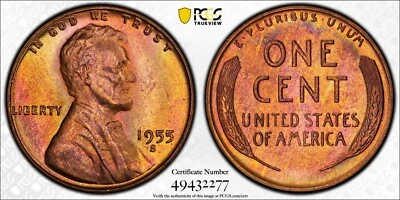 MS65RB 1955-S 1C Lincoln Wheat Cent, PCGS Trueview- Pretty Rainbow Toned - Image 1 of 4