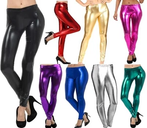 Mujer Wetlook Brillante Cintura Elástica Leggings Damas Largo Completo Pantalones Ajustados - Imagen 1 de 9
