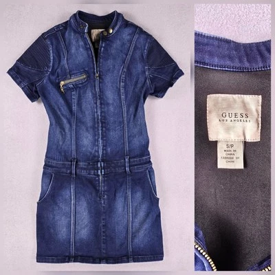 Guess Denim Dress Womens Small Vtg 90s Y2k Retro Front Zip Mini Sexy Confident - Image 1 of 4